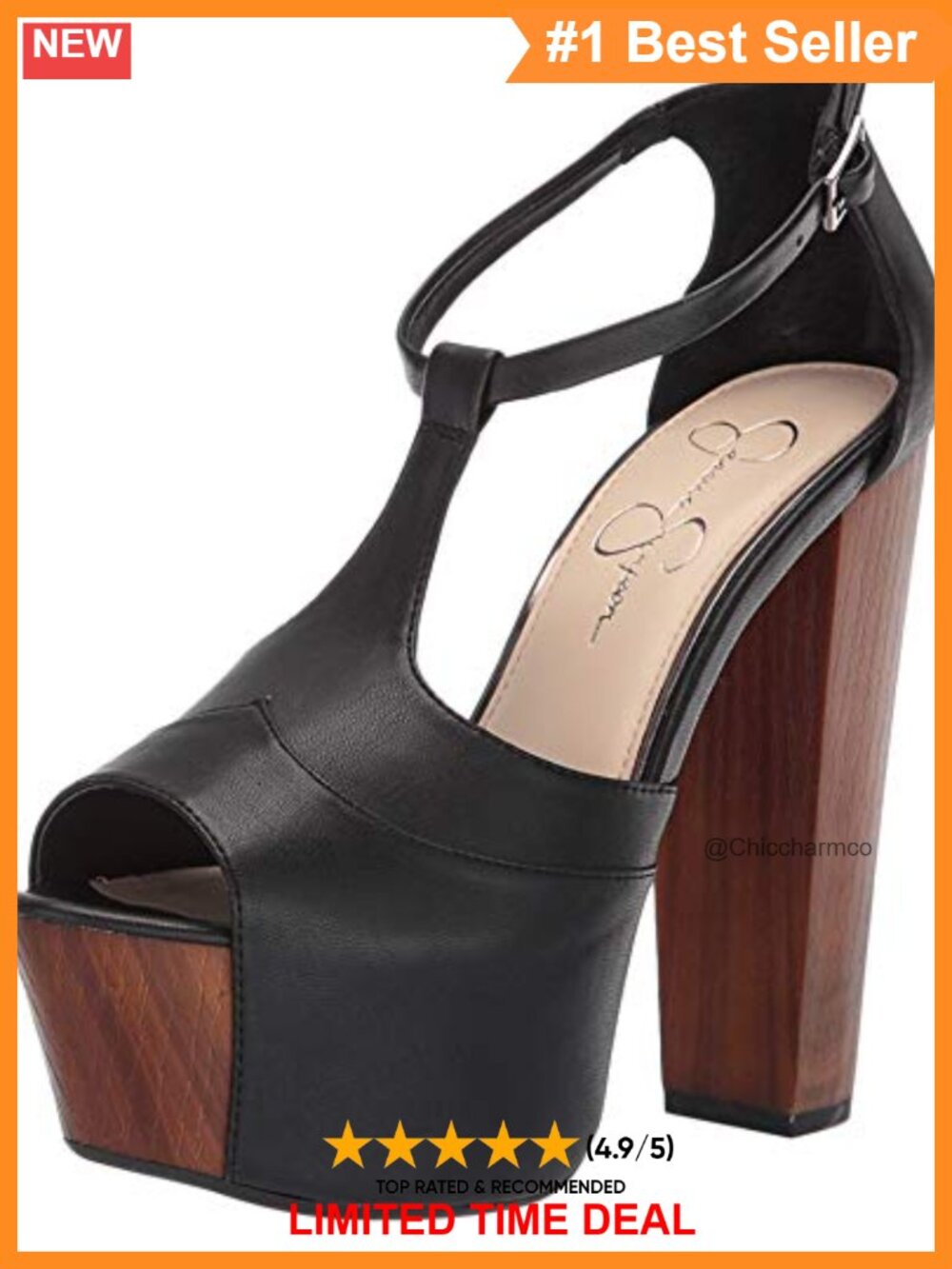 Platform Heeled Sandals Faux Wood Memory Foam T-Strap Buckle